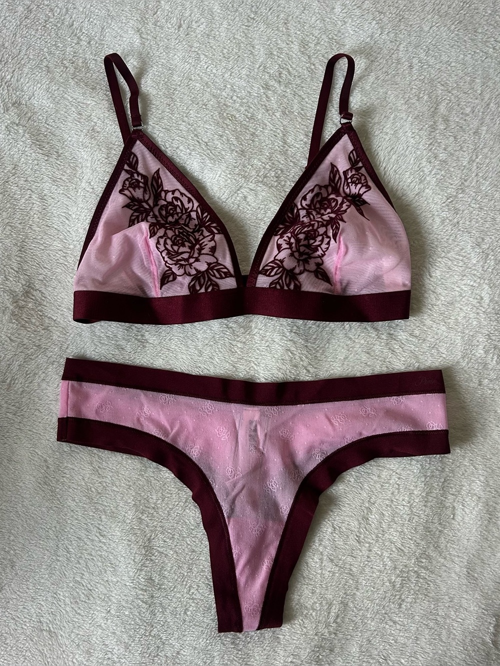 Victoria’s Secret PINK Wink Rose Embroidery Set – Burgundy & Pink – Small